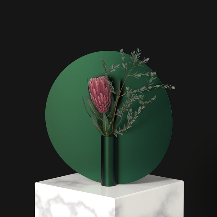 Three quarter view of the nimbus vase with a protea and eucalyptus branch inside sitting on a marble plinth with a black background