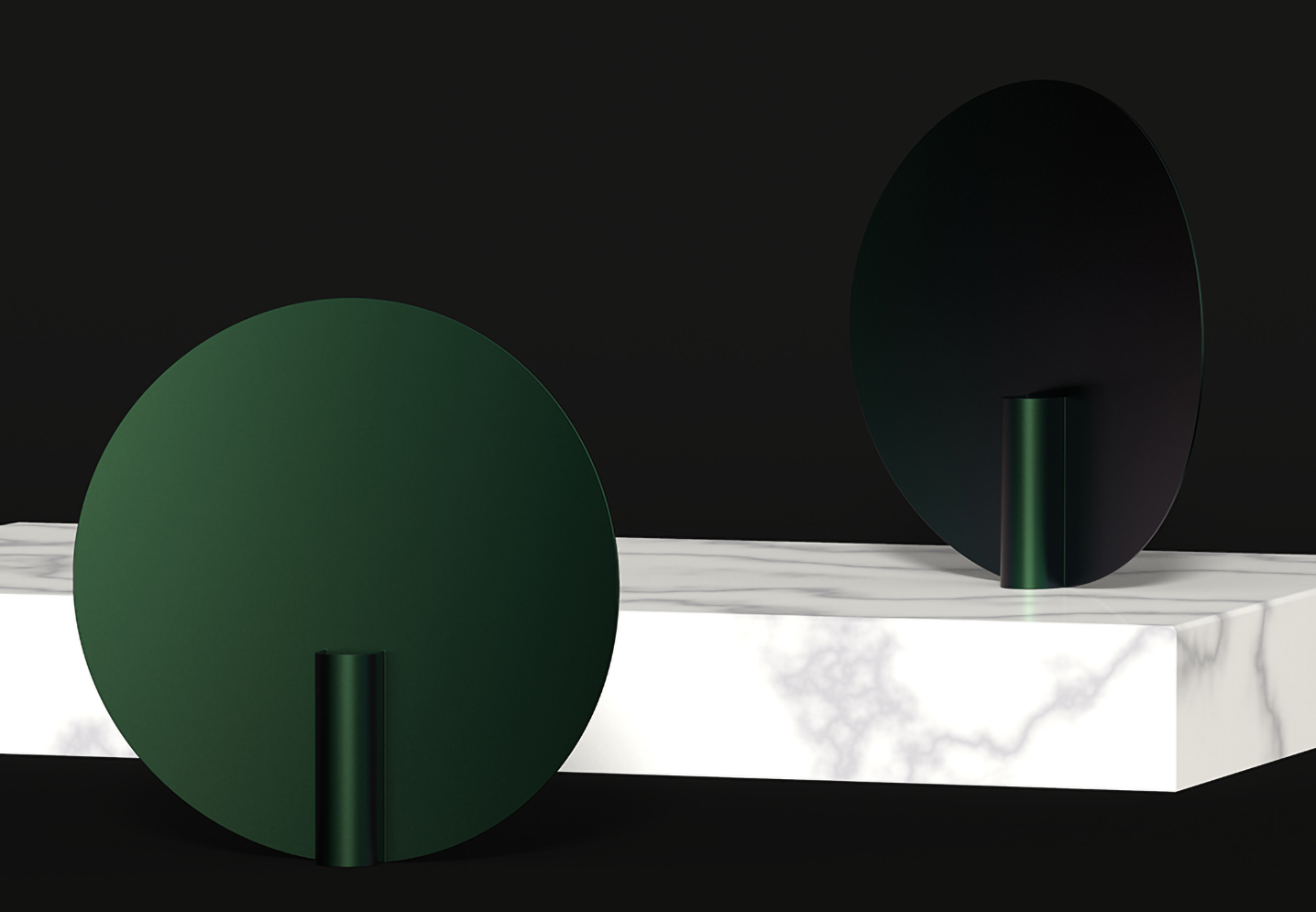 Two dark green nimbus vases on a dark background